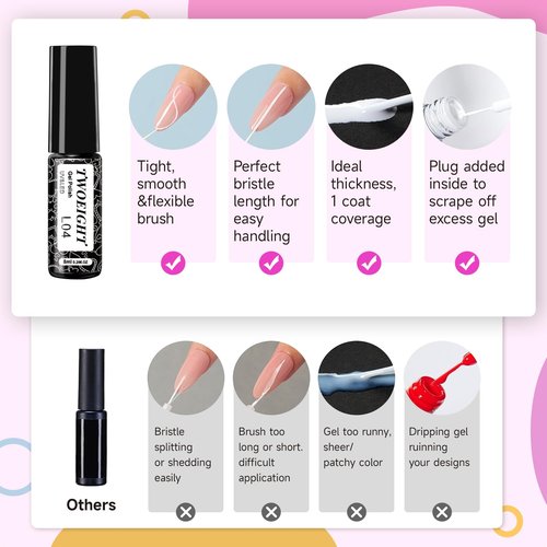 TWOEIGHT Gel Nail Polish Liner Nail Art 12 Colors 8ml UV Lamp Soak-off Polishes Pigmented White Red Pink Green Gold Glitter Built Thin Brush in Bottle Manicure DIY at Home Salon Quality Gift for Women