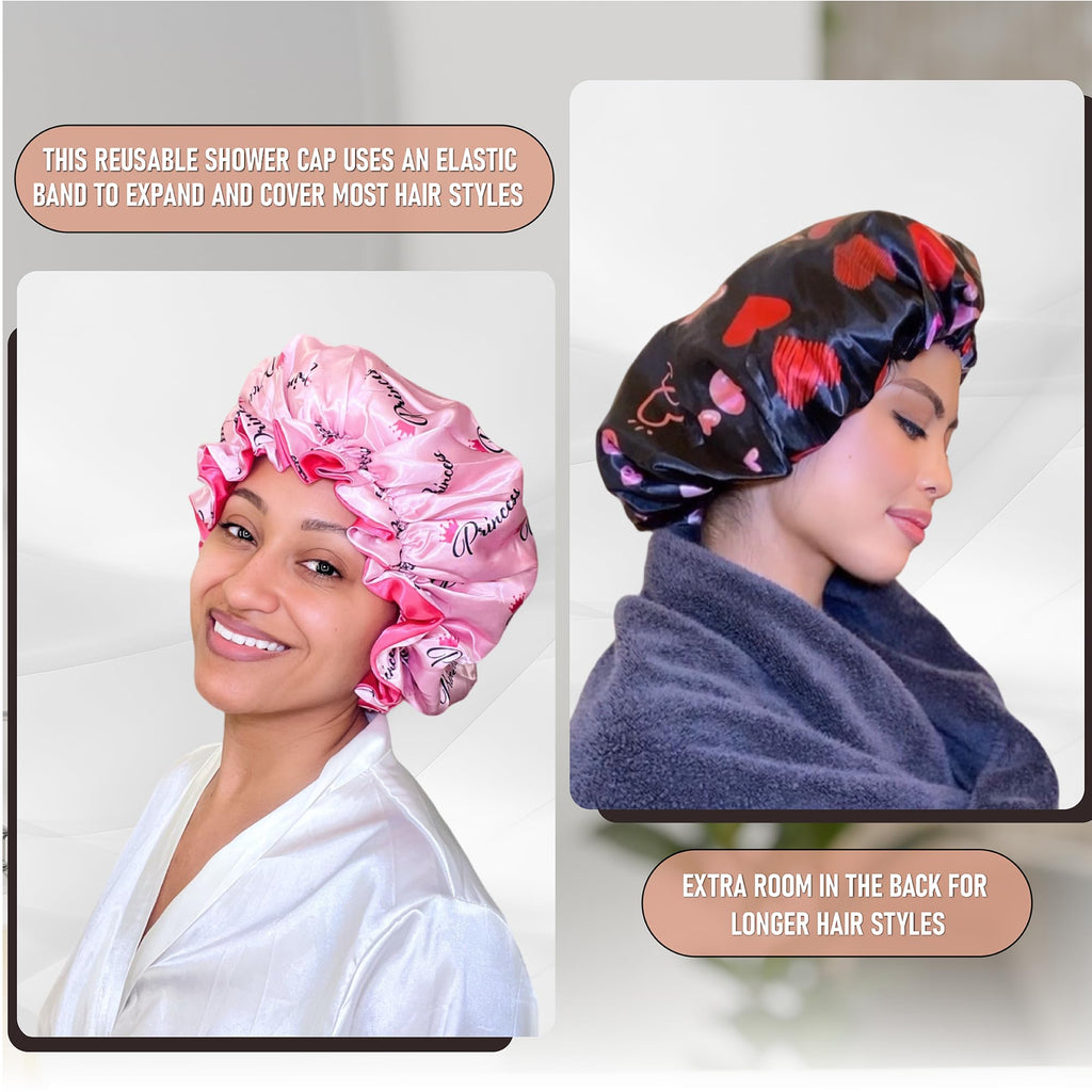 Zomac Satin Shower Cap for Women, Reusable and Waterproof Shower Cap for Long Hair, Luxury Print and Double Layer (Pink, Large)