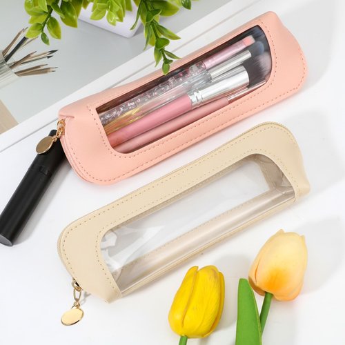 Kifmurase 2Pcs Clear Makeup Brush Bag, Leather Slim Makeup Case, Portable Transparent Waterproof Cosmetic Pouch with Zipper, Double Sided Clear Bag for Women Travel Storage (White, Pink)