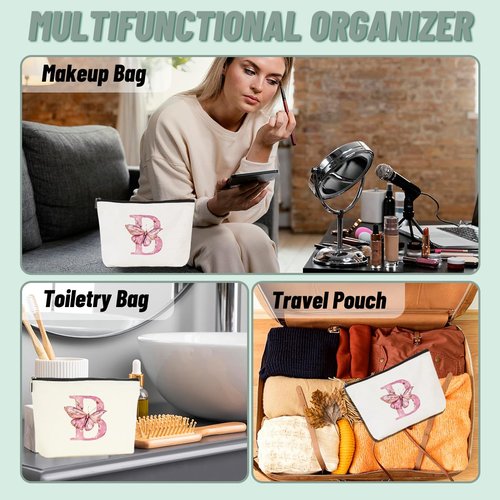 CSHVJ Initial Makeup Bag Pink Butterfly B Personalized Cosmetic Bag Monogrammed Gifts for Women Girls Bride Boss Monogram Zipper Pouch for Friendship Mothers Day Birthday Wedding Bridal Shower Gifts