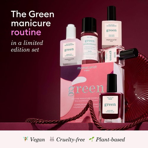 Manucurist Green™ System Set with Plum - Professional Vegan Plant-Based Manicure Kit: 1 Degreaser, 1 Base Coat, 1 Nail Polish Dark Wine, 1 Top Coat, Dried Drops - Gifts for Her