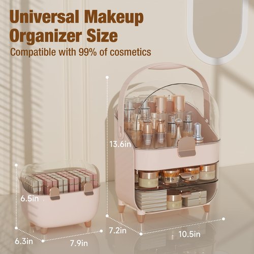 CLBDRESS Makeup Organizer for Vanity with perfume Storage Box, Countertop Skincare Organizer with 2 Drawers, Cosmetic Display Case for Perfumes, Eyeshadow Palettes, Nail Polishes, Pink