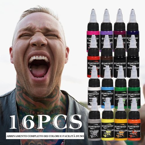 Tattoo Ink Set 16 Colors 1/2 oz (15ml) Professional Vegan-Friendly Pigment Tattoo Supplies Kit Color Inks