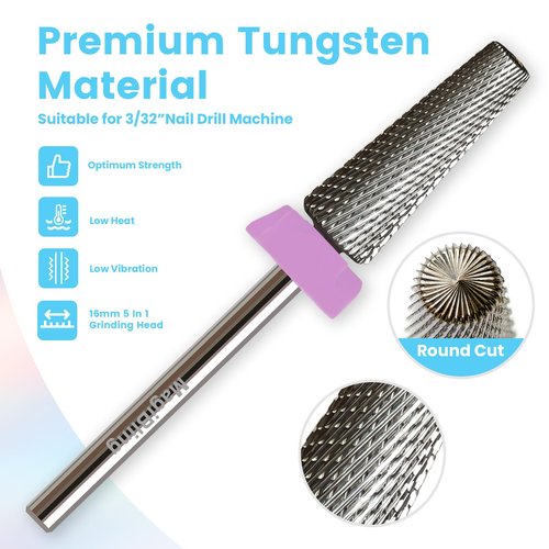 16mm 5 in 1 Tapered Barrel Nail Drill Bits, 3/32'' Safety Tungsten Carbide Bits for Professionals, Right & Left Rotation, Manicure Cuticle Gel Acrylic Removal Polishing, Technicians Bits, Double Fine