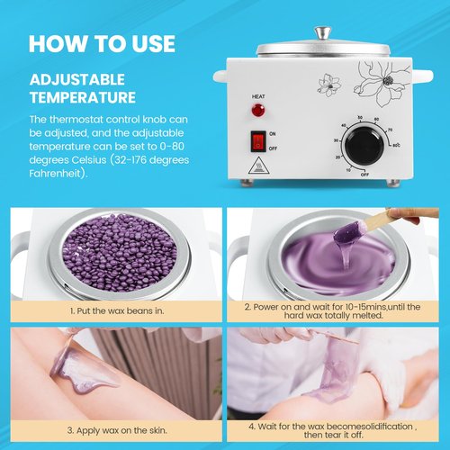 600ml Professional Single Pot Wax Warmer, Electric Depilatory Heater Machine with Adjustable Temperature for Hair Removal & Facial Spa, Includes 50 Wax Sticks & 20 Collars