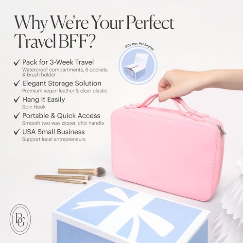 BEAUTYGOODIES Pink Hanging Toiletry Bag for Women, Travel Toiletry Bag for Makeup, Clear Bags for Easy Packing, Bag for Toiletries, Flight Curise Roadtrip Bag to Hold and Hang even at Home.