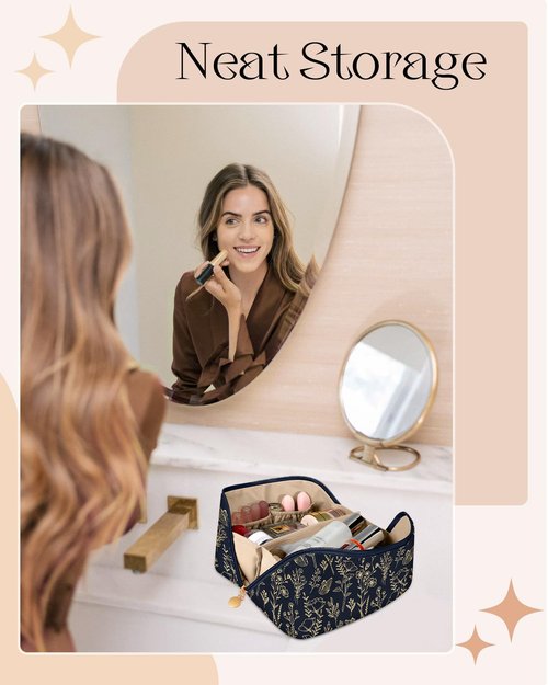 Bistup Makeup Bag Travel Cosmetic Bag Toiletry Make Up Bags Cute Women Large Capacity Big Medium Leather Black and Gold Floral Aesthetic Girl Teen Teenage Foldable Expandable Open Flat Zip