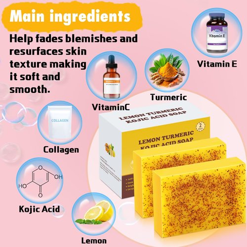 Urrznp Lemon Turmeric Kojic Acid Soap Bar, Turmeric Soap Bar with Vitamin E for Dry Sensitive Skin, Lemon Soap for Face, Body Hands 2 Bars