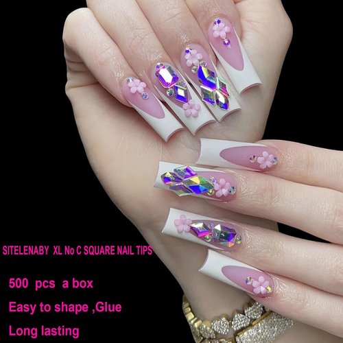 SITELENABY No C Curve XL Nail Tips 500PCS,Tapered Square Flattened Half Cover False Nails for Nail Salons and DIY French ABS Nail Tips(XL no c square 500pcs)