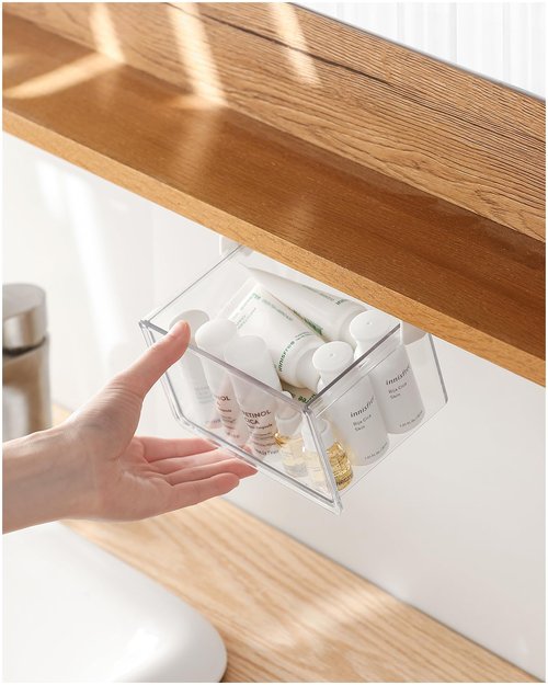 BALUCA Small Clear Stackable Storage Drawers – 33° Angled Acrylic Makeup Organizer for Vanity, Undersink & Kitchen Cabinets | Multi-Purpose Plastic Storage Bins & Drawer Organizer Bins (Small)
