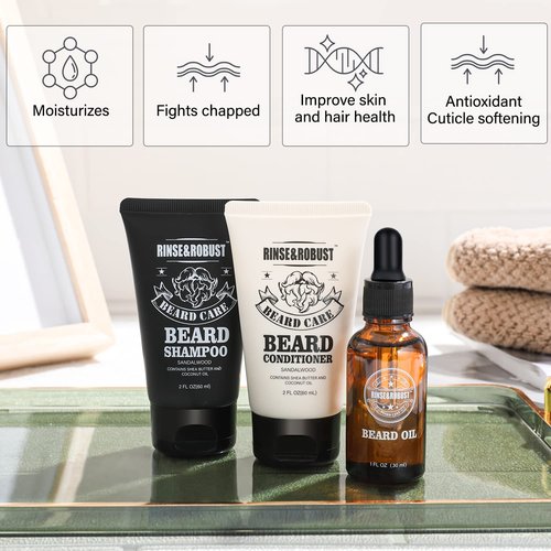 Rinse & Robust Beard Kit for Men, Christmas Gifts for Him, Beard Care & Grooming Travel Set, Beard Oil & Balm Gift Set with Toiletry Bag, Holiday Stocking Stuffers for Dad Husband Boyfriend
