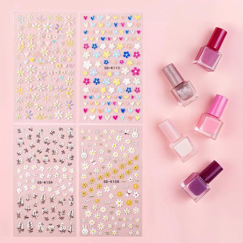 HAIIDOAK Nail Stickers, 4 Sheets Floral 5D Embossed, Self-Adhesive for DIY Manicure