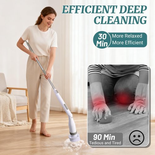 STARRY DREAM Electric Spin Scrubber, IPX7 Waterproof Shower Cleaning Brush with 8 Replaceable Brush Heads, Extendable Long Handle and 2 Adjustable Speeds Tools White