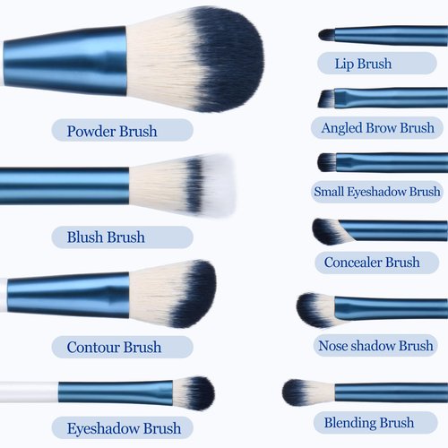 SHELWIN Makeup Brushes Set With Case 10Pcs White Makeup Brush Kit Foundation Eyeshadow Powder Blending Kabuki Eyebrow Eyelash Brushes Cosmetic Brush Travel Kit Gift (White+Blue)