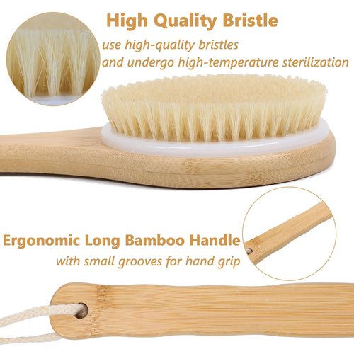 OWIIZI Back Scrubber Brush for Shower, Round Head Bristle Body Large Area Deep Cleanse Bath Brushes, Bamboo Long Handle Skin Exfoliator for Men Women Elders Wet or Dry Use
