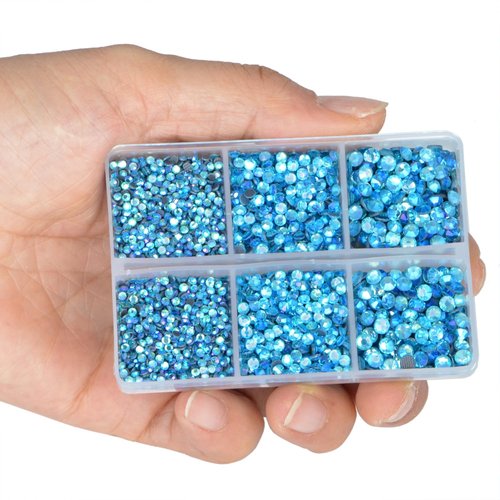 LPBeads 6400 Pieces Aquamarine Blue AB Hotfix Rhinestones Flat Back 5 Mixed Sizes Crystal Round Glass Gems with Tweezers and Picking Rhinestones Pen