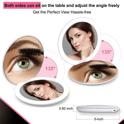 LED Lighted Compact Travel Makeup Mirror, 5 Inch Double-Sided 1X/10X Magnification, USB Rechargeable 1000mAh Battery, Touch Screen, 56 High-CRI LEDs, 3-Color Dimmable Light, Tweezers & Travel Bag