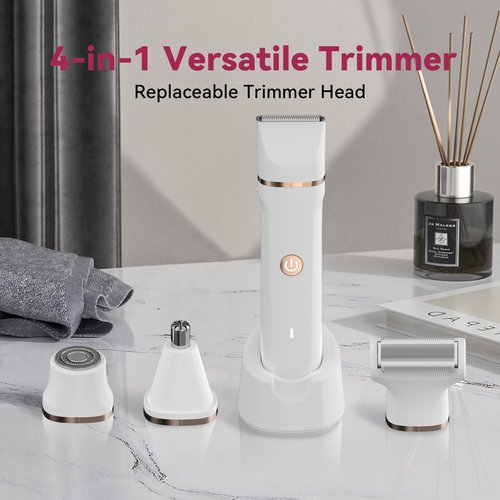 4-in-1 Electric Bikini Trimmer for Women - Painless Electric Razors for Facial/Body/Armpit/Pubic Hair, IPX7 Waterproof Replaceable Shaver Head & Nose Hair Trimmer for Travel, Gifts for Girlfriend Wife