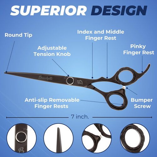 Bucchelli 7 Inch Hair Cutting Scissors Professional - Japanese 440A Barber Scissors 7 Inch - Salon Scissors for Hair -Micro Bevel Edge with Adjustable Tension Knob - Hair Shears Black (Black Right 7")