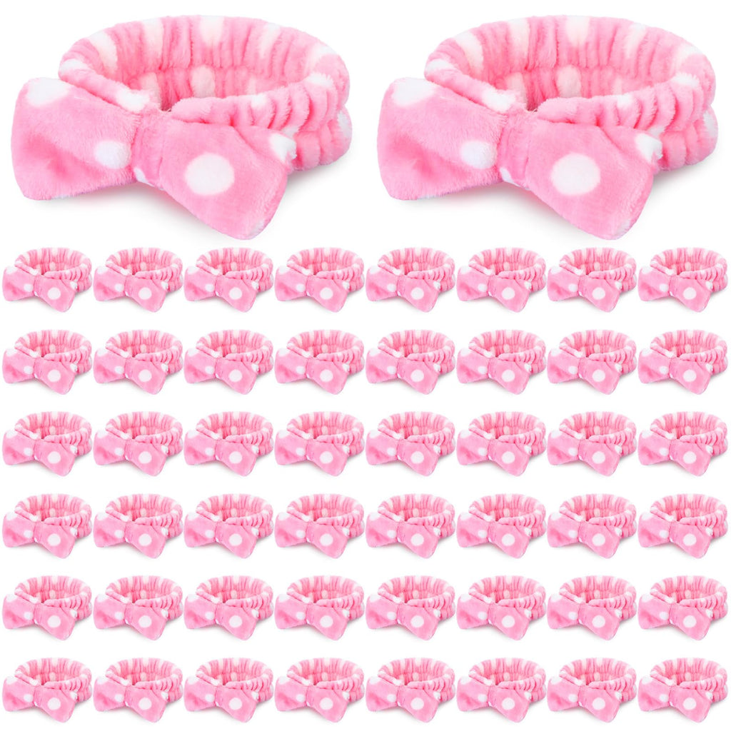 Wavyknot 50 Pcs Pink Spa Headband Bulk Spa Sleepover Party Supplies for Washing Face with Removable Bow Makeup Elastic Bowknot Headbands for Women Gifts Soft Skincare Microfiber Hairbands(Dots Style)