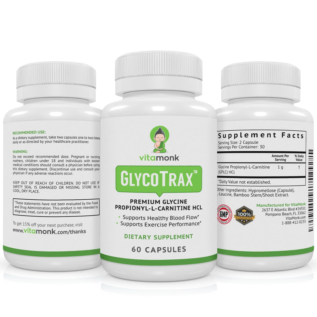 VitaMonk GlycoTrax - High Absorption GPLC Supplement - No Artificial Fillers - GPLC Glycine Propionyl-L-Carnitine Capsules Supplements to Support Healthy Blood Flow - 60 Capsules