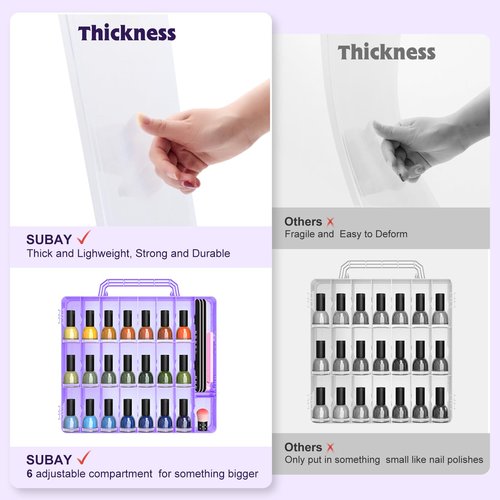SUBAY Portable Nail Polish Organizer, Clear Double Side Nail Polish Holder,Gel Nail Storage for 48 Bottles with 6 Adjustable Dividers in Each Side Space Saver, Purple