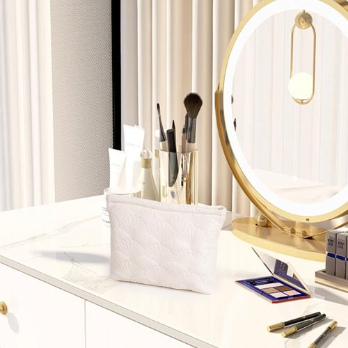 Sarrany White Quilted Makeup Bag, Cute Make Up Bag Organizer whith Shell Pattern, Cotton Cosmetic Bag for Women & Girls, Canvas Lined Pouch, Coquette Organizer purse(White Shell Medium)