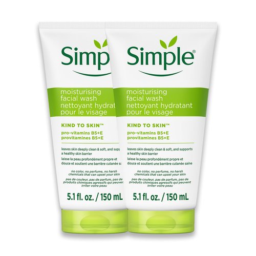 Simple Kind To Skin Moisturizing Face Wash - Facial Cleanser with Vitamin B5 and E - Removes Oil, Dirt, and Other Impurities - Sulfate Free - 2 pc
