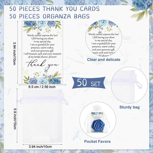 FoldTier 50 Sets Bridal Shower Party Favors for Guests Small Rose Compact Mirror Bulk Wedding Favors Thank You Cards and Organza Bags Wedding Party Guests Souvenir Gift (Blue)