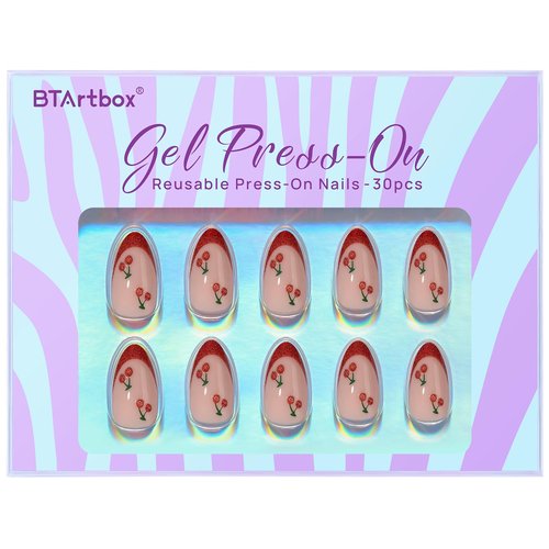 BTArtbox French Tip Press On Nails Almond - Red Press On Nails with Cherry Design, Short Almond Stick On Nails for Women, Soft Gel Fake Nails Kit in 16 Sizes, Sweet Cherry