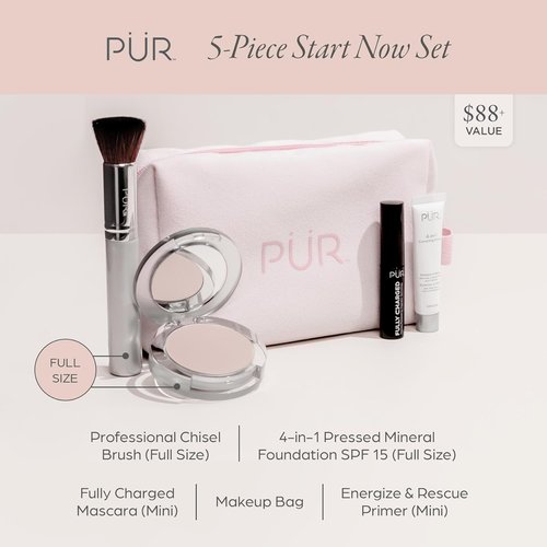 PÜR Minerals Multitasking Essentials Kit - 4-in-1 Primer, Mascara, Powder & Brush Set
