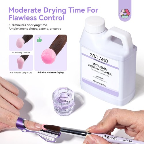 SAVILAND Advanced Monomer Acrylic Nail Liquid Kit: Pure EMA 16OZ Acrylic Liquid Low Odor Nail Monomer Liquid with 3 Pcs Acrylic Nail Brush Dappen Dish for French Nail Extension Carving DIY Home 500 ml