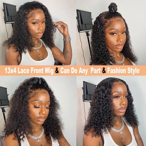 Espive 8Inch Deep Wave Bob Wig Human Hair 13x4 Frontal Lace Wig 220% Density Short Bob Wigs Human Hair for Black Women Natural Hairline Glueless Curly Bob Wig With Baby Hair Natural Black