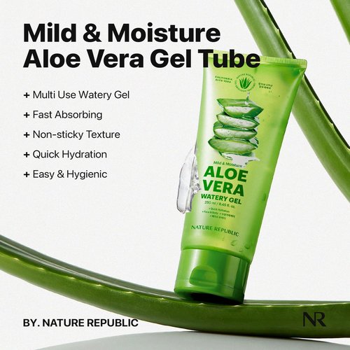 Nature Republic Mild & Moisture Aloe Vera Watery Gel (TUBE) | Quick Hydration & Moisturizing, Fast-Absorbing Non-Sticky Texture, Aftersun Cooling Gel, Korean Skincare, All Skin Types