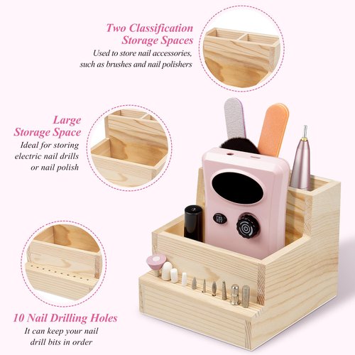 Urbuti Nail Drill Bits Holder, Wooden 10 Holes Nail Drill Machine Holder Display Storage Box, Durable Nail Art Polishing Grinding Drill Bit Organizer for Home Use or Nail Salon