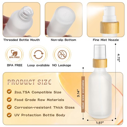 DMuuuDM 12 Pack 2 oz Glass Spray Bottles,Empty Perfume Fine Mist Atomizer,Natural Bamboo Pump Head Travel Liquid Holder Containers for Cologne,Essential Oils,Body Sprays,Room Sprays-Clear Frosted