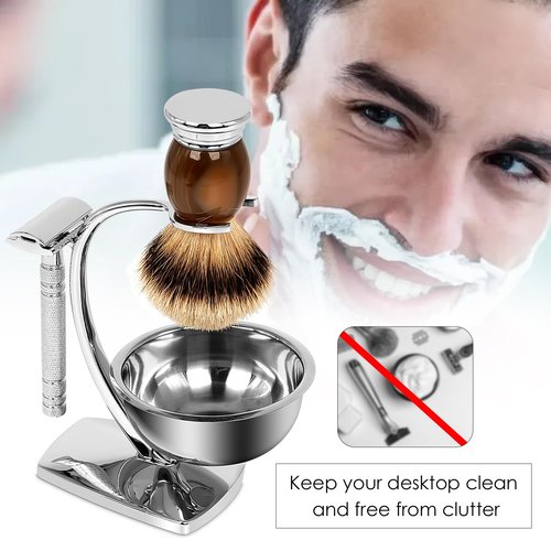 Linkidea Universal Safety Razor Brush Stand with Shaving Bowl, Men's Stainless Steel Grooming Holder and Soap Bowl for Bathroom, Compatible with Gillette Vector 3 (Silver)