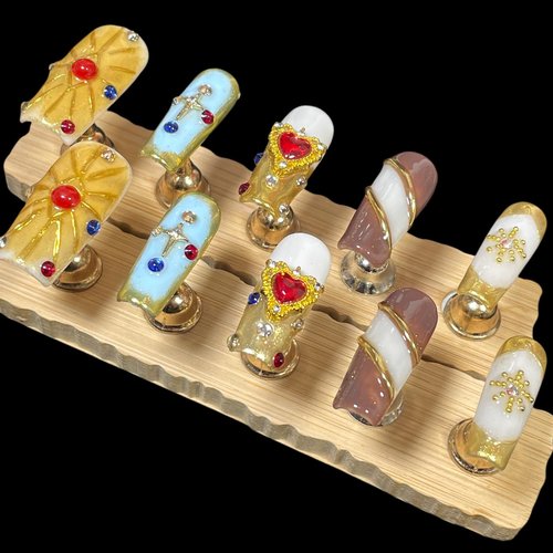 Handmade Press On Nails Middle/Long Square Luxury Acrylic Fake Nails - Vintage Red Heart & Diamond Gold Salon False Nails, 3D Press Ons Gift for Women (Luxury gold, L)