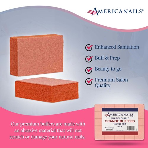 Americanails Mini Orange Buffers - (180/240 Grit) - Professional Salon Quality Buffing Blocks for Nails - Buff Nails Prior to Application of Polish, Gel Polish, Gel, Acrylic, Double-Sided, 50 Ct