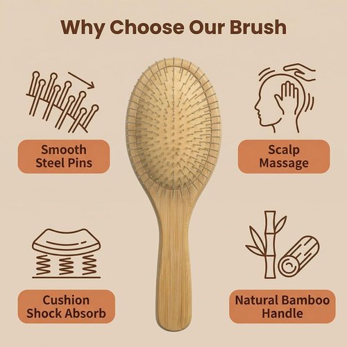 Skiennix Wooden Paddle Detangling Brush - Anti-Frizz Metal Bristle Hairbrush for All Hair Types