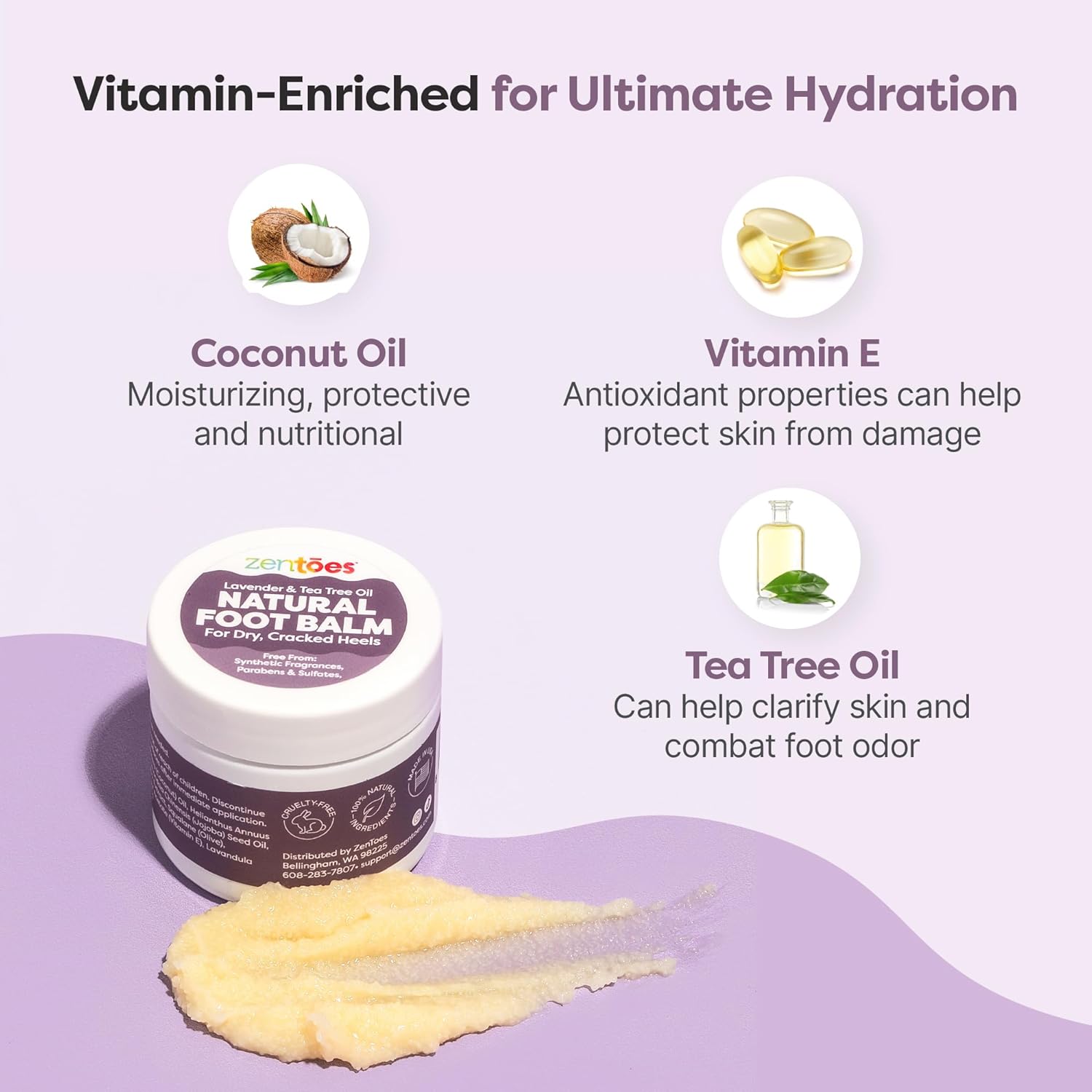 ZenToes Natural Foot Balm - Hydrating Cream for Dry, Cracked Heels & Feet | Enriched with Coconut & Tea Tree Oils | 2oz