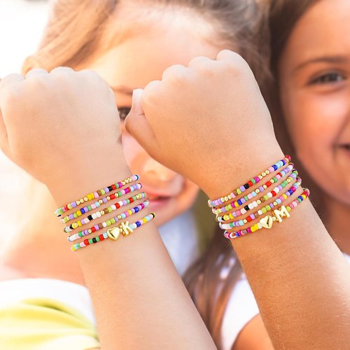 M MOOHAM Colorful Beaded Initial Bracelets - Cute Stretch Heart Letter Jewelry for Girls | 5PCS Set