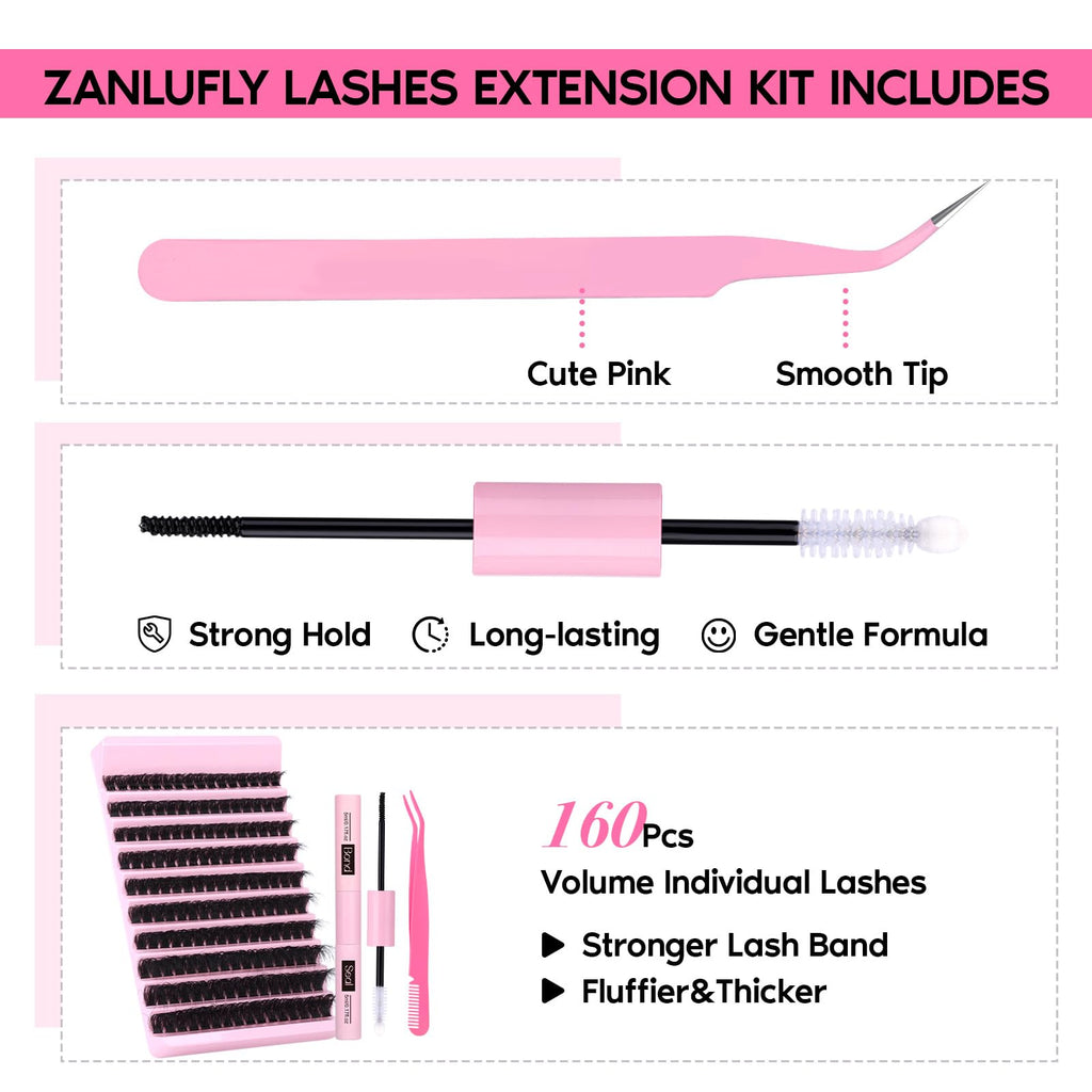 Volume Lashes Extension Kit 20MM Mink Lashes Clusters 120D Thick Individual Lashes with Lash Bond and Seal and Applicator Thick Eyelashes Extension Kit by zanlufly
