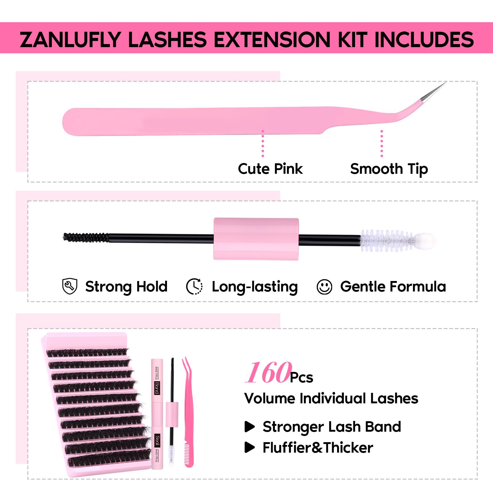 Volume Lashes Extension Kit 20MM Mink Lashes Clusters 120D Thick Individual Lashes with Lash Bond and Seal and Applicator Thick Eyelashes Extension Kit by zanlufly