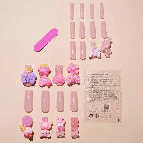 Press on Nails Long Square Summer Fake Nails Pink Full Cover False Nails with Cute 5D Heart Bear Charm Designs Glossy Glue on Acrylic Nails for Women Girls 24 Pcs
