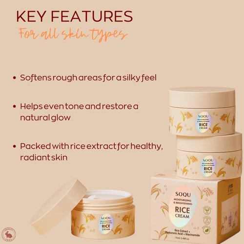 SOQU Moisturizing and Brightening Rice Cream – Deep Hydration, Brightens and Evens Skin Tone – 70g / 2.48oz – Made in Korea