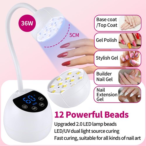 Kikugu UV Nail Lamp,36W Cordless Gooseneck UV Light Gel x Flash Cure Lamp with 3 Timers and Auto Sensor for Gel Polish Nail Art(White)