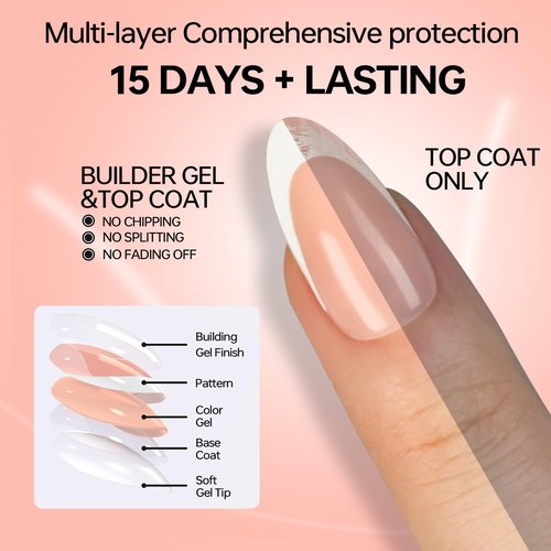 LY LANYOS Press On Nails Almond, Glossy Fake Nails, Supremely Fit Glue on Nails, Reusable Stick on nails with Nail Glue in 16 Sizes, 32 Pcs, a-Pink French