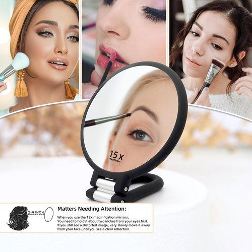 Novadex 1x 15x Travel Magnifying Mirror Hand Held Vanity Mirror, Compact 2-Sides Folding Magnification Hand Mirror with Handle for Women 360°Rotating Handle Table Desk Small Make Up Mirrors (Black)