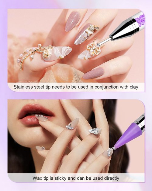 Rolybag Rhinestone Picker Tool, 2PCS Rhinestone Applicator Tool Dotting Wax Pen Dual-Ended with 4PCS Replaceable Wax Tips for DIY Nail Art Tool (Purple)